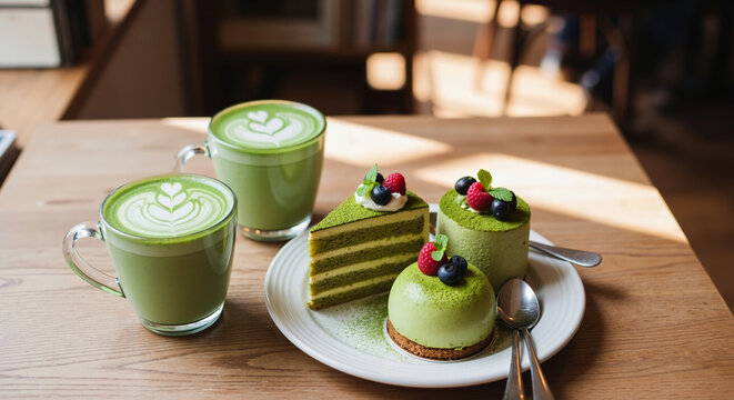 Matcha lattes and berry-topped matcha desserts on a wooden table in a sunlit cafe. Green tea cake and dome cakes with drinks