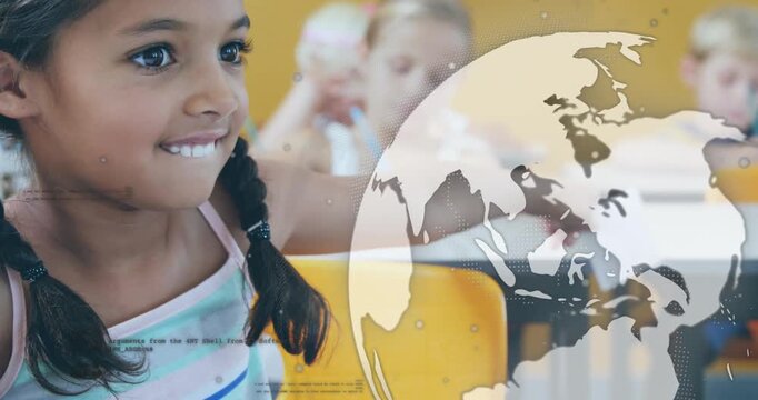 Braided girl writing, reaching and passing card while globe and code floating over frame for class