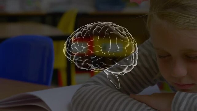 Female student reading at desk, brain fading in over book and face rotating, pulsing, showing focus