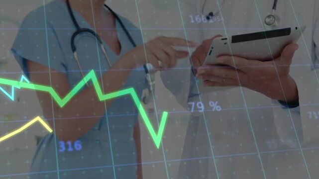 Nurse pointing tablet as doctor tapping, overlay appearing, shifting medical charts to track vitals