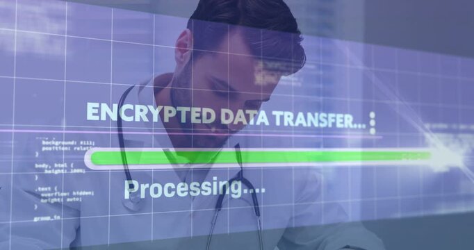 Doctor writing file by laptop while processing overlay appearing and bar filling patient records