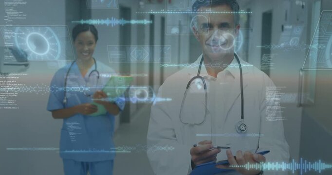 Camera pulling back causing med UI over doctor writing on clipboard nurse with folder checking data