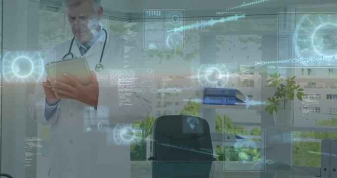 Doctor reading tablet, tapping to activate health AR HUDs spreading across room, reviewing records