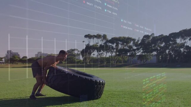 Man gripping tire and driving hips, flipping tire during timed fitness set, charts overlaying right