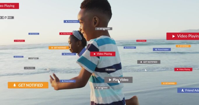 Kids running on wet sand, camera pulling back revealing floating UI badges for technology demo