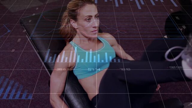 Woman starting feet planted on bench pushing footplate doing fitness reps with HUD bars overlaying