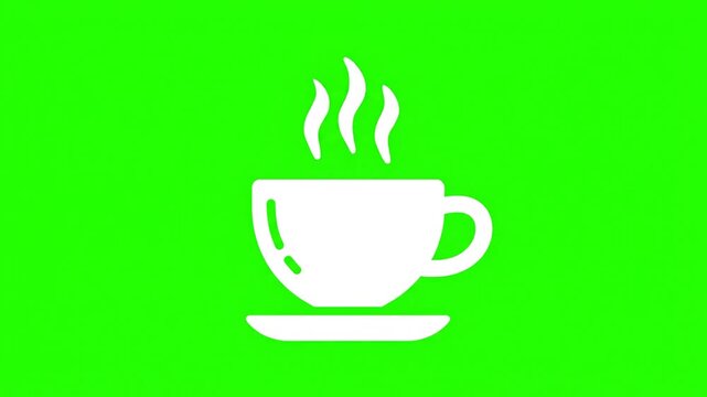 Bright Green Background Showcases a White Coffee Cup with Steam and Saucer.