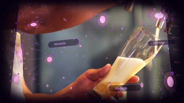 Bartender pulling multi-spout tap, pouring beer and tilting glass to control foam amid HUD overlays