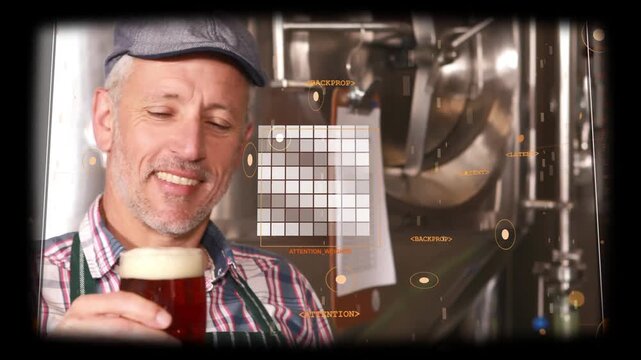 Revealing HUD over tanks at brewery, brewer flat-cap, green-apron inspecting amber pint for quality