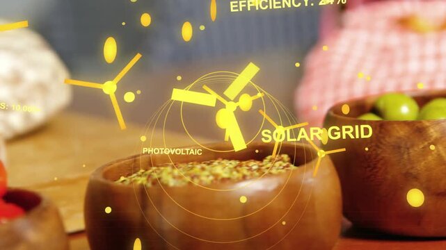 Camera shifting olive bowl centering yellow HUD floating showing 24% solar efficiency