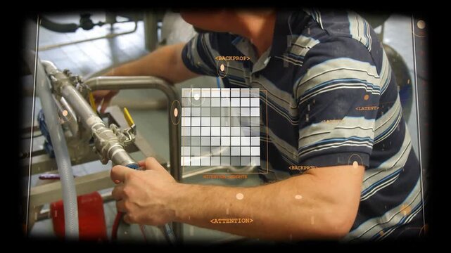 Male tech reaching bluecap pipe tightening clamp turning valve securing with shop HUD over hands
