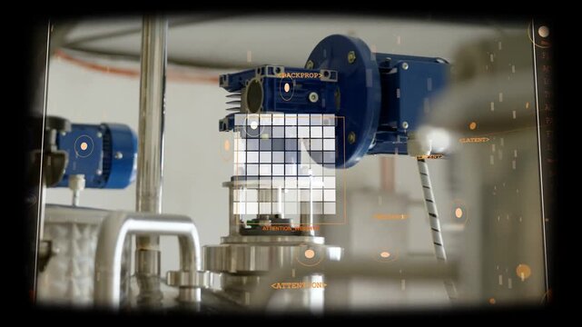 HUD activating grid scanning process vessel, orange markers marking blue actuator flange for check
