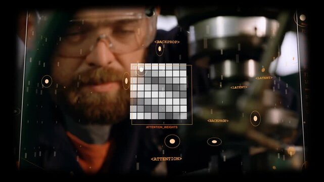 Bearded tech leaning, checking spindle as rotation triggers HUD tracking dot for machining check