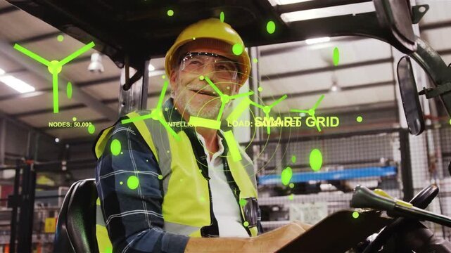 Senior forklift driver pointing up upon HUD overlay animating, noting SMART GRID data on clipboard
