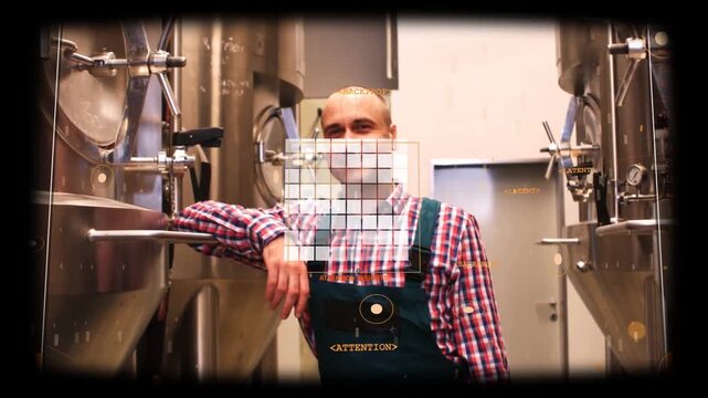 Scan overlay activating, man leaning on tank ledge shifting and smiling, HUD revealing brew metrics
