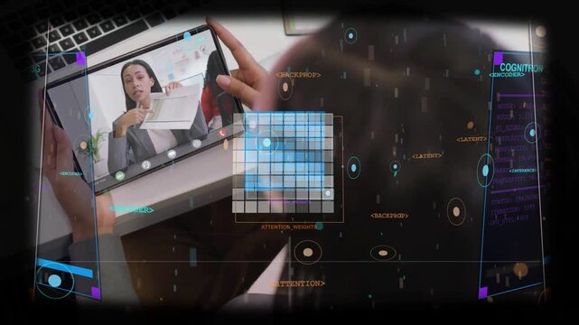Presenter raising printed document to tablet, viewer adjusting, HUD marking pages for business