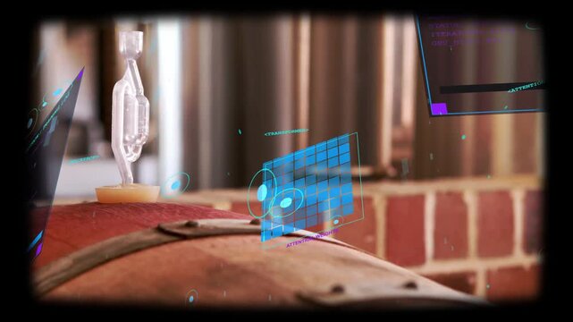 Rounded barrel top holding airlock, holographic brewery UI appearing on data input, grid tilting