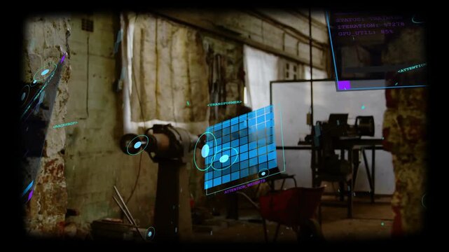 System activating, projecting holographic grid over grinder, revealing industrial shop and lathe