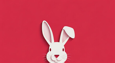 Obraz premium A white rabbit peeks from behind a white surface against a red background.
