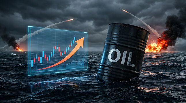 Rising oil prices chart with barrel floating in stormy sea during conflict scenario showing fuel costs inflation energy crisis market volatility global economic impact military tension
