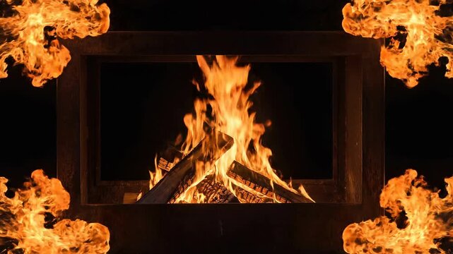 Fire frame with black background and flames concept. Cozy warm fireplace with burning wood logs creating bright flames in a dark room ambiance