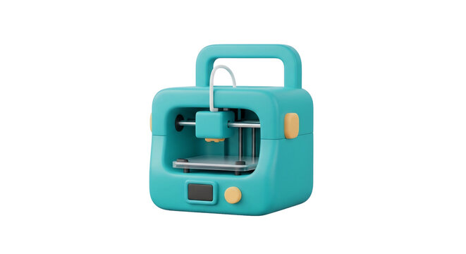 Stylized 3D rendering of a portable 3D printer isolated on white background. Modern additive manufacturing machine icon for technology, prototyping, and DIY projects. Cyan color scheme.