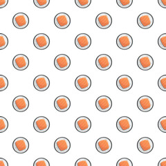 Circular maki sushi pieces creating a repeating pattern on white background © nsit0108