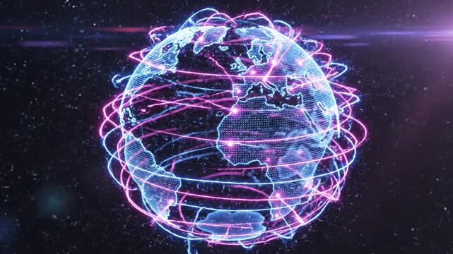 A cinematic 3D motion graphic of a digital world globe composed of glowing blue dots. Vibrant purple and blue light lines orbit the earth, representing global connectivity, satellite communication, in