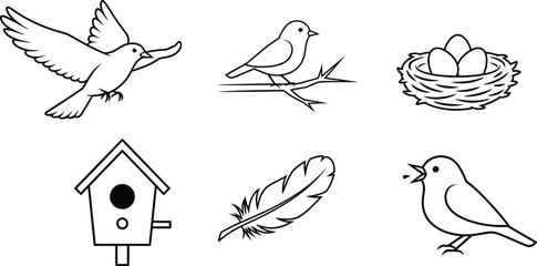 Outline vector icons of birds and nature elements featuring flying and perched birds a nest with eggs a birdhouse and a feather perfect for wildlife and environmental designs © Zohaib