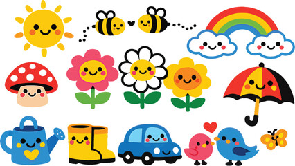 Fototapeta premium Adorable kawaii-style spring clipart bundle featuring sun, rainbow, bees, flowers, birds, umbrella, and more. Perfect for kids designs, nursery decor, stickers, and seasonal creative projects.