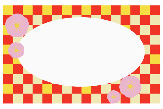 Japanese style plum blossom frame on red checkered background