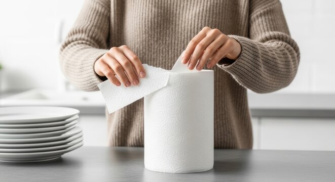 M&atilde;os puxando folha de papel toalha do rolo na bancada da cozinha. Conceito de limpeza e rotina dom&eacute;stica