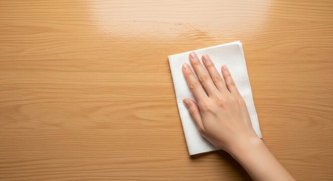 M&atilde;o com toalha de papel limpando a superf&iacute;cie de uma mesa de madeira. Conceito de higiene dom&eacute;stica