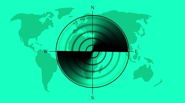 white radar Navigation is looking for objects. Animation - a white ray running on the screen of the sea radar.