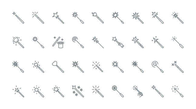 Magic wand thin line icons set vector illustration. Linear pictograms of wizards hand and hat for illusion tricks with stars and sparkles effect, magician outline symbols of imagination and miracle