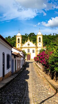 Charming Colonial Street Leading to Church in Paraty, Brazil.