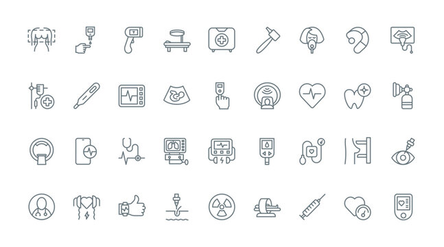 Medical devices thin line icons set vector illustration. Outline equipment and machine work to monitor health and diagnosis of patient, hospital EKG and glucometer, ultrasound scanner and thermometer