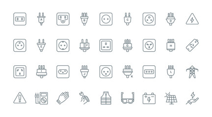 Fototapeta premium Electric power socket types thin line icons set vector illustration. Outline symbols collection of world standards for outlets of different country, safety gear, equipment of electrician and battery