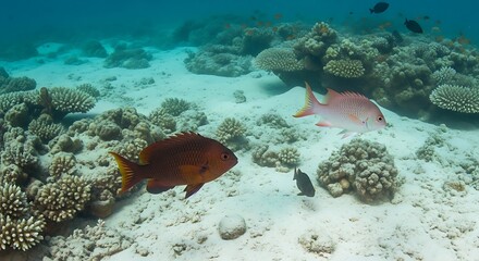 Obraz premium Vibrant fish swim near colorful coral reef underwater.
