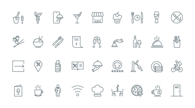 Restaurant thin line icons set vector illustration. Outline pictograms of serving breakfast, lunch or dinner meal and coffee break, online order in smartphone app and food delivery, menu and payment