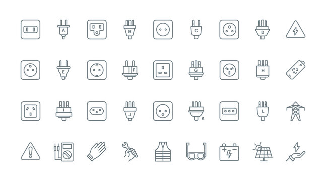 Electric power socket types thin line icons set vector illustration. Outline symbols collection of world standards for outlets of different country, safety gear, equipment of electrician and battery