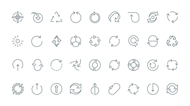 Circle and triangle arrows thin line icons set vector illustration. Outline black chart symbols of cycle and restart, circulation and regeneration process, recycle sign and web update loop diagram