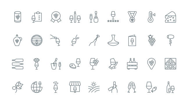 Wine thin line icons set vector illustration. Outline storage and tasting of grape wine, winery and cellar barrel, wineglass and bottle of alcohol, bar and restaurant menu to taste drink, test smell