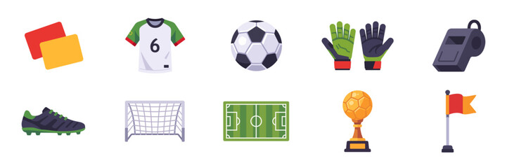 Set of football and referee icons, soccer field equipment, player uniform, match symbols, trophy and accessories, colorful collection with vector flat illustrations © point of BORT