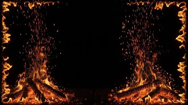 Fire frame with black background and flames concept. Cozy warm campfire burning on wooden logs with a rustic table background and candlelight ambiance