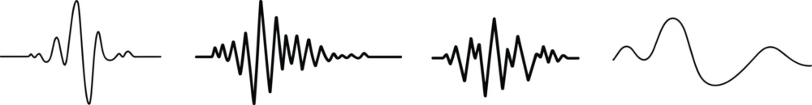 Audio waveform sound waves set, abstract signal lines isolated on white background, music and voice frequency visualization, black vector illustration for technology design