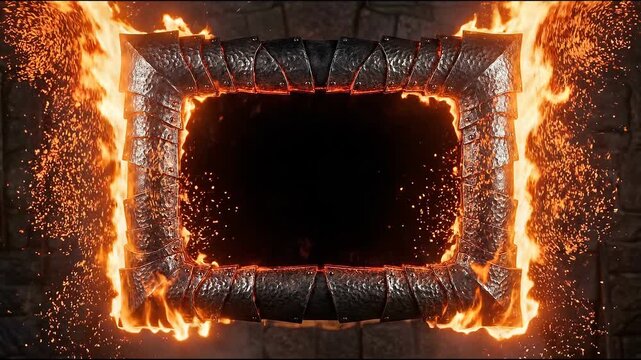 Fire frame with black background and flames concept. Fiery burning metal frame with glowing embers and flames on a dark stone background