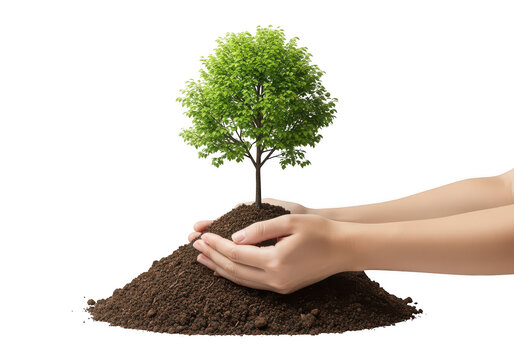 A hand planting a small tree in soil to symbolize growth and nurturing isolated on transparent background