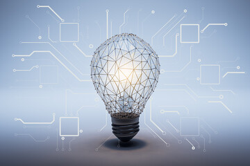 Innovative technology lightbulb concept with abstract digital connections forming a creative electric idea symbol on a modern background. 3D Rendering