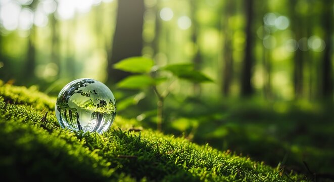 Crystal ball showing earth reflection placed on green moss in forest nature